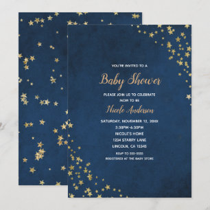 Convite Chuva de Estrelas Douradas e Azuis Baby Shower Cel