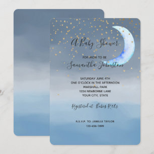 Convite Chuva de Estrelas Douradas Lua Azul Baby Shower