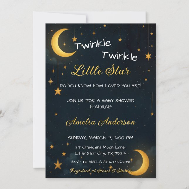 Convite Chuva de Estrelas Douradas Lua Celestial Baby Show (Frente)