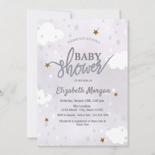 Convite Chuva de Estrelas e Nuvens Lavanda Baby Shower