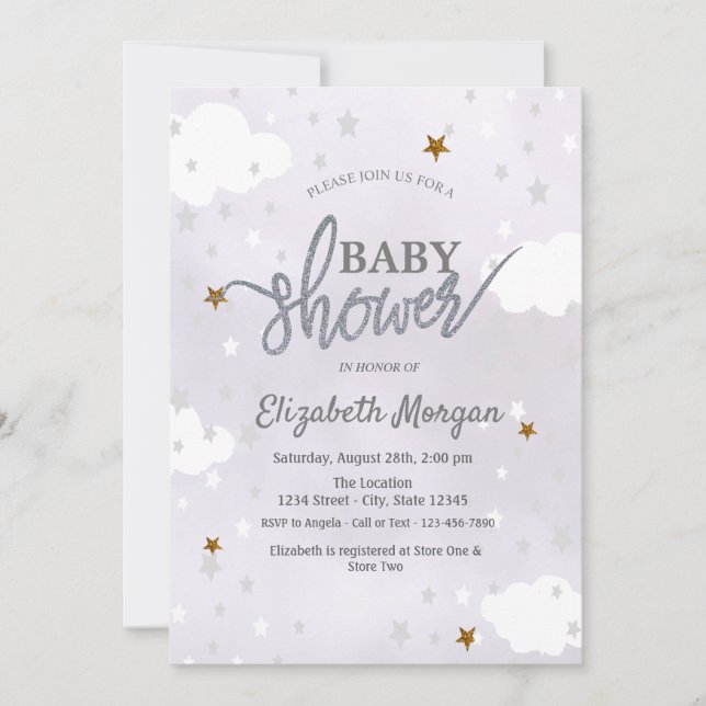 Convite Chuva de Estrelas e Nuvens Lavanda Baby Shower (Frente)