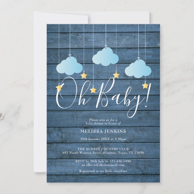 Convite Chuva de Estrelas em Madeira Azul - Ah, Bebê Bebê (Frente)