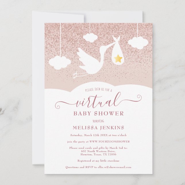 Convite Chuva de Estrelas em Rose Gold para Chás de Bebê V (Frente)
