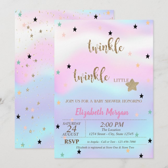 Convite Chuva de Estrelas Holográfica Baby Shower (Frente/Verso)