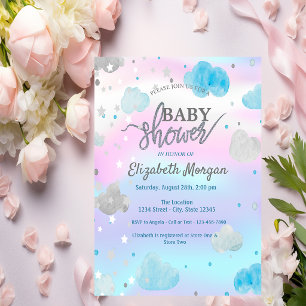 Convite Chuva de Estrelas & Nuvens Holográficas Baby Showe
