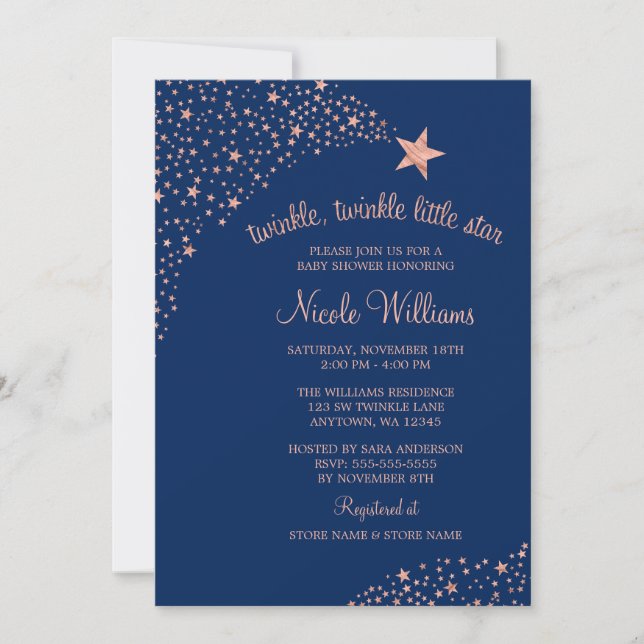 Convite Chuva de Estrelas Rosa Azul Marinho Baby Shower (Frente)