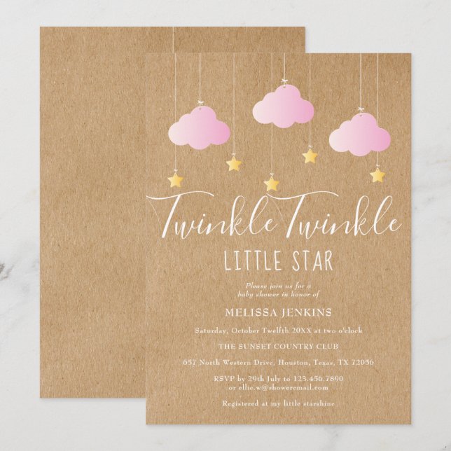 Convite Chuva de Estrelas Rosa Baby Shower Rustico Kraft (Frente/Verso)