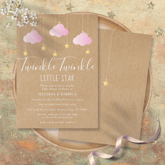 Convite Chuva de Estrelas Rosa Chuva de Estrelas Chã de Be (Pink Twinkle Twinkle Baby Shower Rustic Kraft Invitation)