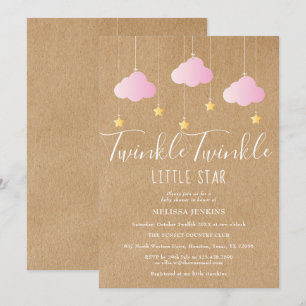 Convite Chuva de Estrelas Rosa Festa de Bebê Rustico Kraft