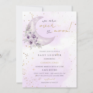 Convite Chuva de Estrelas Roxas no Baby Shower da Lua