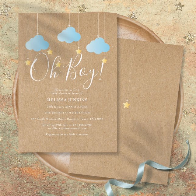 Convite Chuva de Estrelas Rústica Chá de Bebê Menino (Rustic Twinkle Twinkle Oh Boy Baby Shower Invitation)