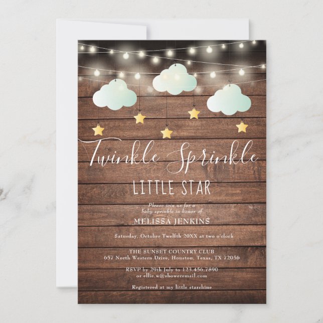 Convite Chuva de Estrelas Rústicas para Chás de Bebê (Frente)