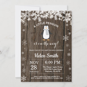 Convite Chuva de Flocos de Inverno com Pinguim Rústico - C