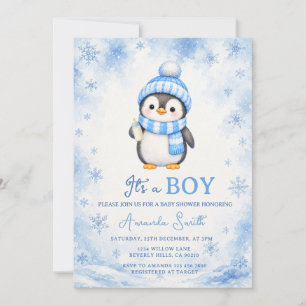 Convite Chuva de flocos de neve azul de inverno do pinguim