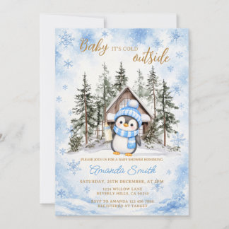Convite Chuva de flocos de neve azul de inverno do pinguim