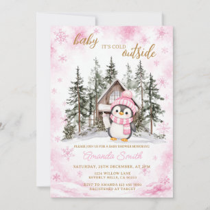 Convite Chuva de Flocos de Neve Rosa de Pinguim no Inverno