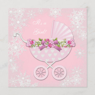 Convite Chuva de Flocos de Neve Rosa Festa de Bebê no Inve