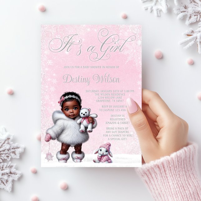 Convite Chuva de Flocos de Neve Rosa Festa de Bebê no Inve (Adorable baby girl winter wonderland baby shower invitation. )