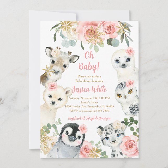 Convite Chuva de Flocos Florais Animais Baby Shower (Frente)