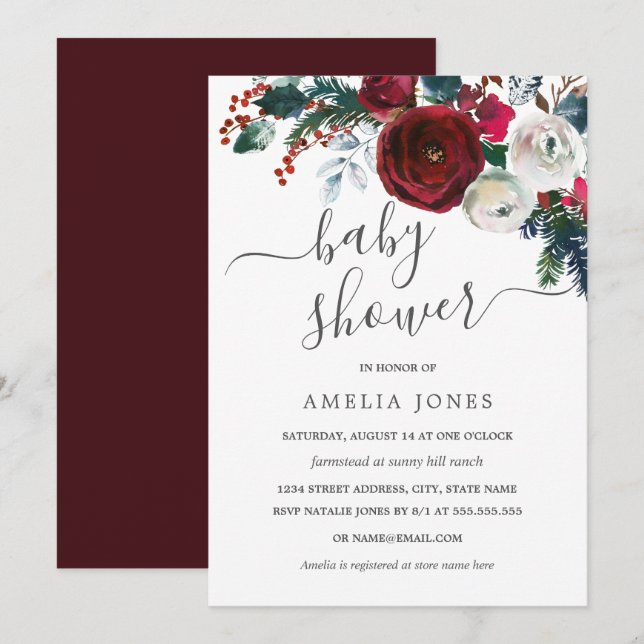 Convite Chuva de Flor de Natal em Aquarela Baby Shower (Frente/Verso)