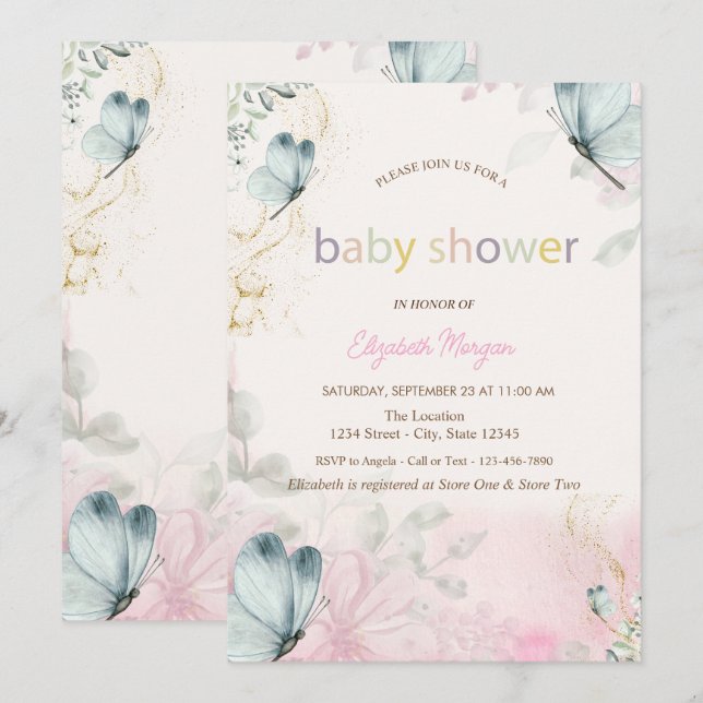 Convite Chuva de Flores Azuis Borboletas Baby Shower (Frente/Verso)