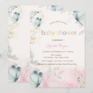 Convite Chuva de Flores Azuis Borboletas Baby Shower