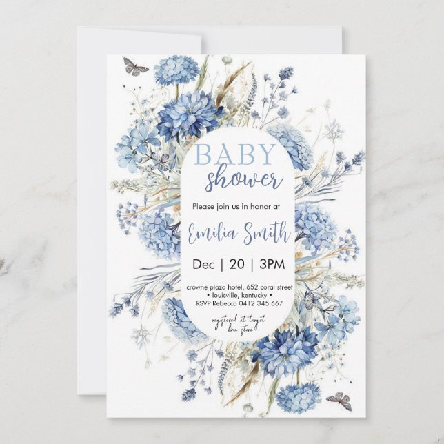Convite Chuva de flores azul baby shower (Frente)