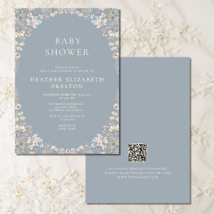 Convite Chuva de Flores Azul Elegante com Código QR para C