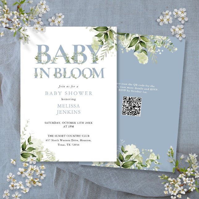 Convite Chuva de Flores Azul Poeira Verde Código QR Chá de (In Bloom Dusty Blue Greenery QR Code Baby Shower Invitation)