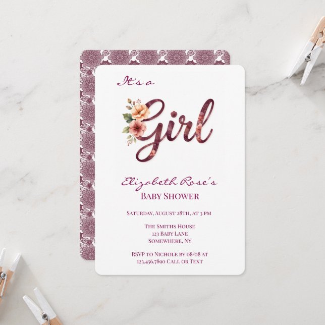 Convite Chuva de Flores Baby Shower Burgundy (Frente/Verso In Situ)