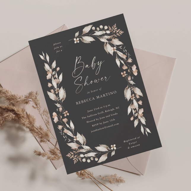 Convite Chuva de Flores Boho Elegante Baby Shower (Boho wildflower elegant floral baby shower invitation.)