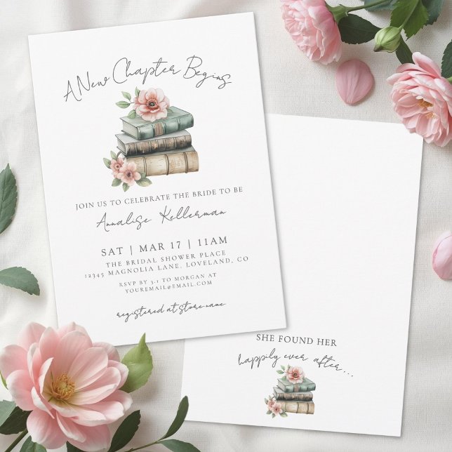 Convite Chuva de Flores Capítulo Novo Noivado (Book New Chapter Floral Bridal Shower Invitation)