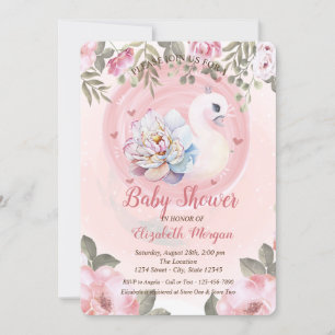 Convite Chuva de Flores com Cisne Bebê em Aquarela Chá de