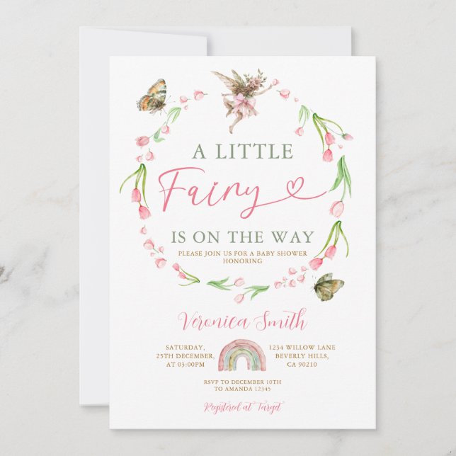 Convite Chuva de Flores Cor-de-Rosa Fada Baby Shower (Frente)