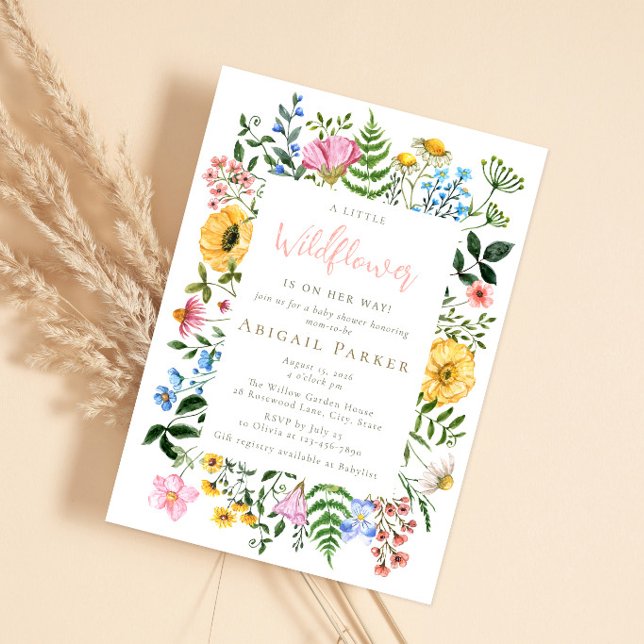 Convite Chuva de Flores de Aguarela para Chás de Bebê (Whimsical baby shower invitation featuring hand-painted watercolor wildflowers and delicate greenery)
