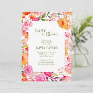 Convite Chuva de Flores de Aquarela Rosa Laranja para Bebê