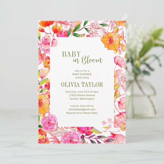 Convite Chuva de Flores de Aquarela Rosa Laranja para Bebê (Em pé/Frente)