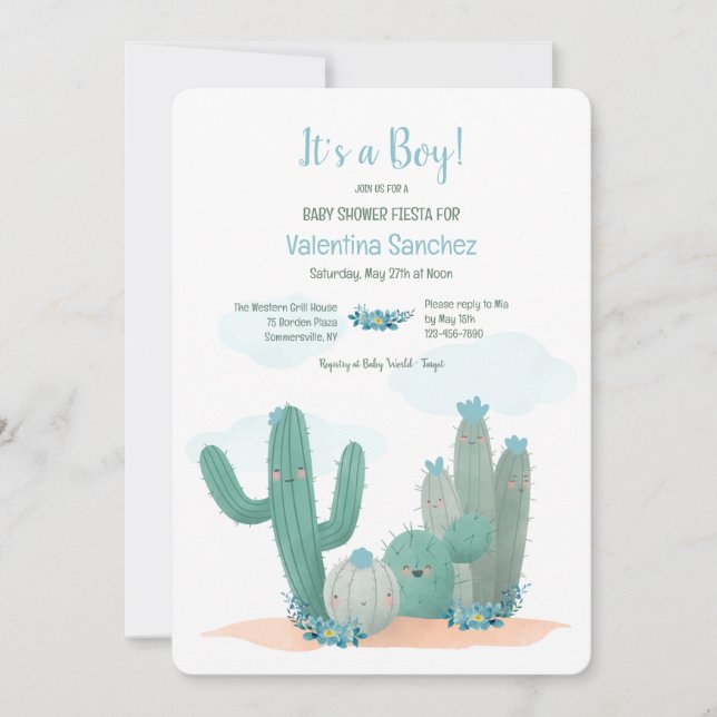 Convite Chuva de Flores de Cacto Azul Baby Shower (Frente)