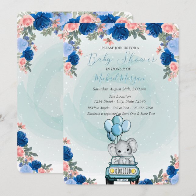 Convite Chuva de Flores de Carro de Elefante Bebê Shower d (Frente/Verso)