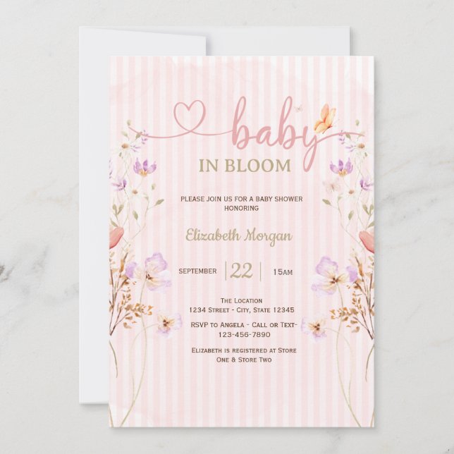 Convite Chuva de Flores de Lilás Borboletas Listras Baby S (Frente)