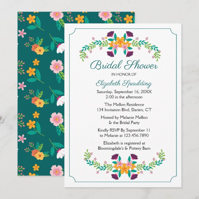 Convite Chuva de Flores de Noiva Flores Verdes Casamento V (Frente/Verso)