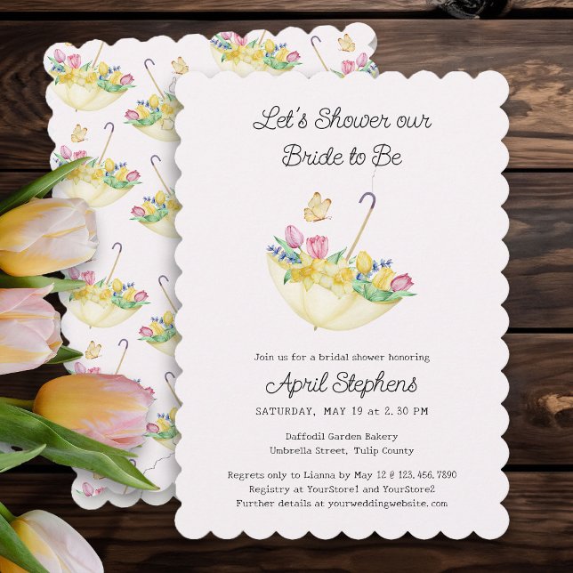 Convite Chuva de Flores de Primavera para a Noiva Chuveiro (Spring Flowers Yellow and Pink Bridal Shower Invitation)