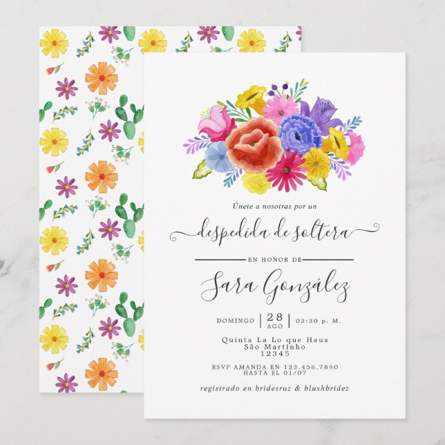 Convite Chuva de flores em aquarela Fiesta espanhola Chá d (Frente/Verso)