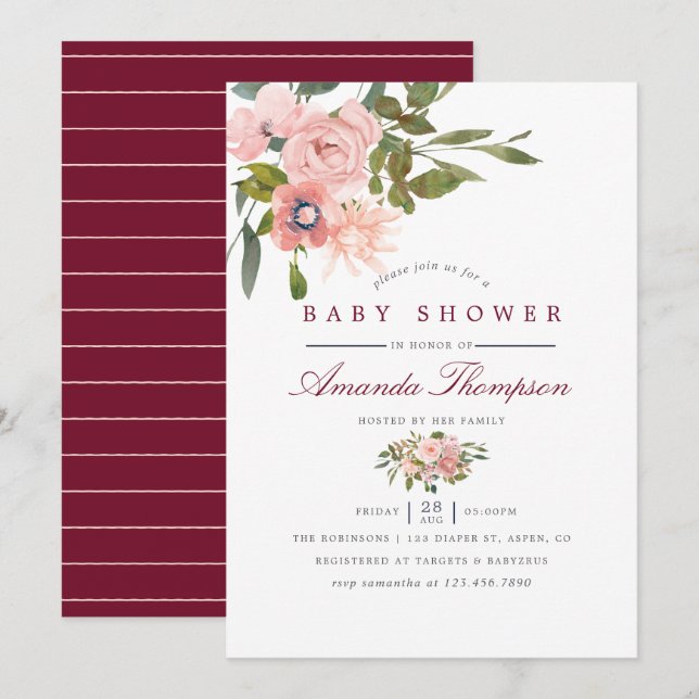 Convite Chuva de flores em aquarela Rosa e Borgonha Baby S (Frente/Verso)