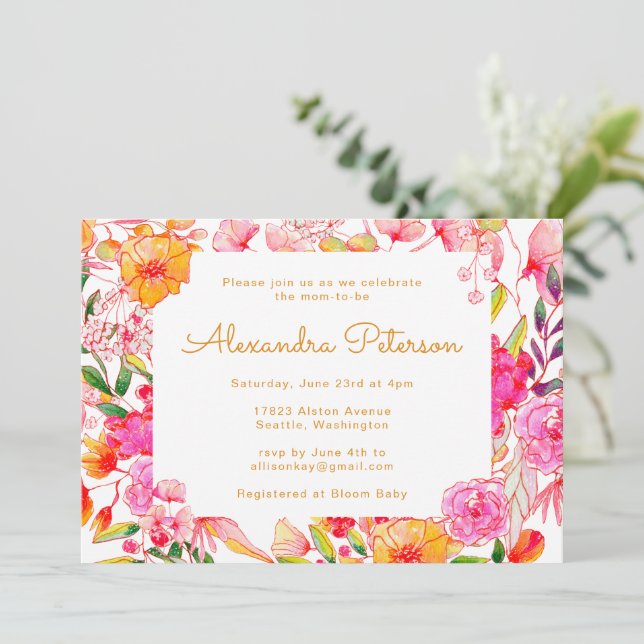 Convite Chuva de Flores em Aquarela Rosa e Laranja para Ch (Em pé/Frente)