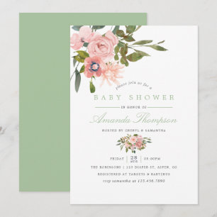 Convite Chuva de flores em aquarela Rosa e Sage para Baby