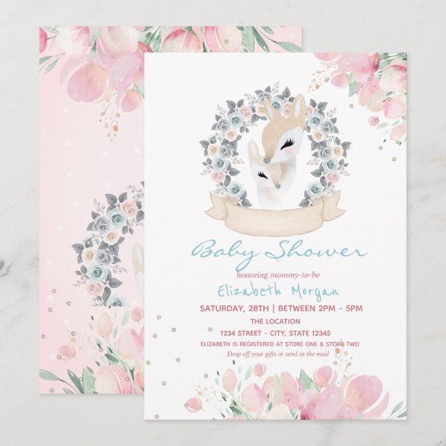 Convite Chuva de Flores para Chá de Bebê de Cervo Bebê  (Frente/Verso)