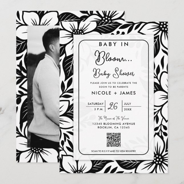 Convite Chuva de Flores Preto e Branco para Chá de Bebê (Frente/Verso)