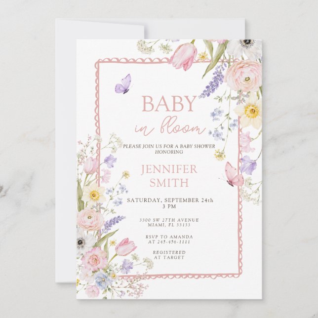 Convite Chuva de Flores Primavera Verão Bebê em Flor Baby  (Frente)