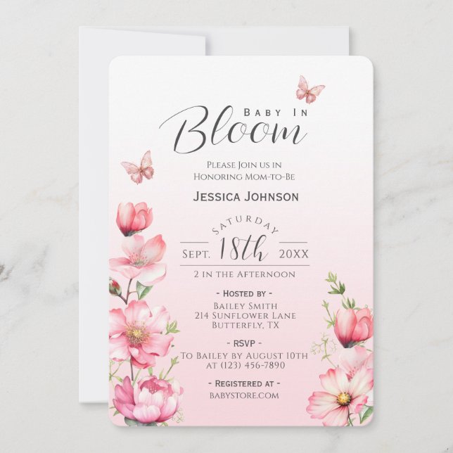 Convite Chuva de Flores Rosa Bebê em Flor Menina Baby Show (Frente)